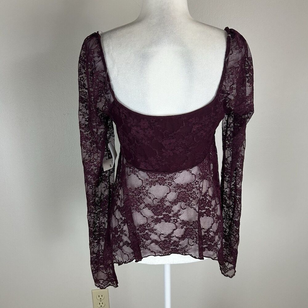 XL Burgundy Lace Top Flare Sleeve Witchy Renaissance Fairy Dark Asymmetrical Hem - Picture 2 of 3
